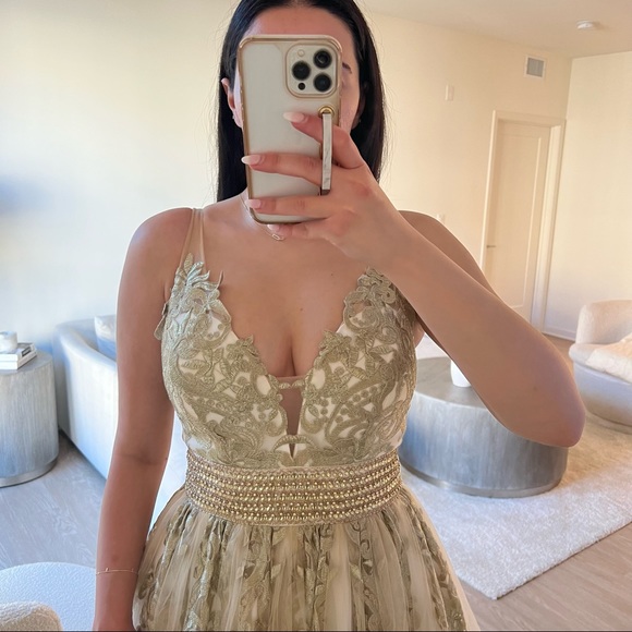 Gold Embroidered Tulle Evening Gown Dress - Picture 4 of 9